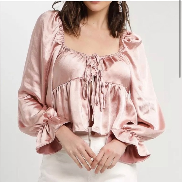 Topshop Blush Satin Blouse with Tie-Front - Picture 1 of 6